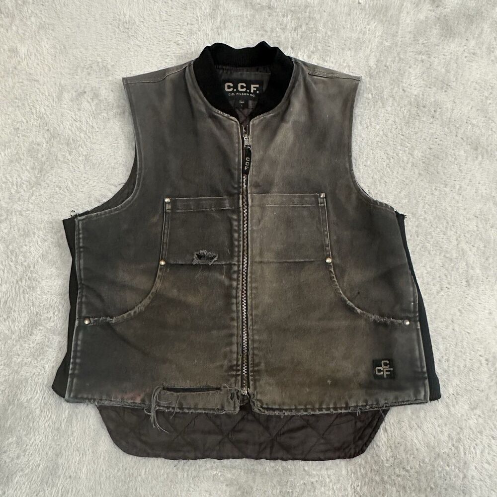 C.C.F Filson Work Vest Men’s Large Distressed Made In Canada Black Faded Grunge
